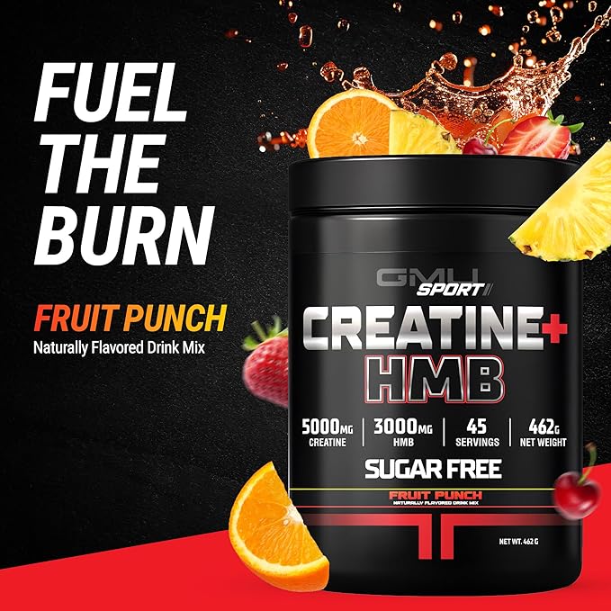 GMU SPORT Creatine HMB Powder – 45 Servings – 5g Creatine Monohydrate + 3g HMB + Piperine – Muscle Growth Strength &amp Recovery – Fruit Punch
