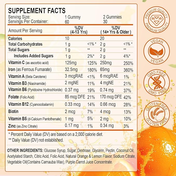Iron Gummies Vitamin Supplement 65mg &amp Vitamin C 250mg per Serving with B6 B12 Folate- Energy Support for Iron Deficiency Anemia Vegan Orange &amp Lemon Flavor 120 Count