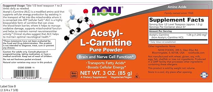 Acetyl-L Carnitine PURE POWDER Powder 3 OZ by Now Foods (Pack of 3)