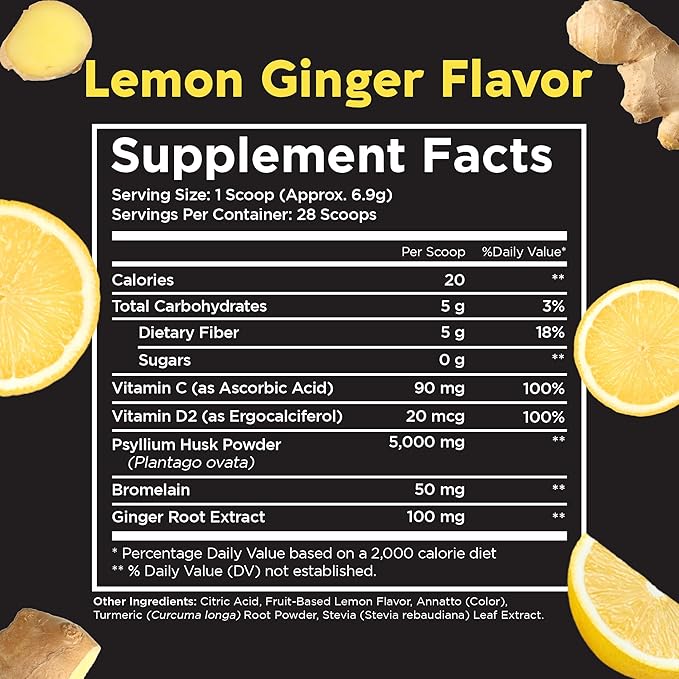 Pinch Magic Sugar Free Fiber Powder – Light Lemon Ginger Psyllium Husk with Bromelain &amp Vitamins C &amp D – Vegan Gluten-Free Clean Label USA-Made GMP-Certified – 28-Day Supply