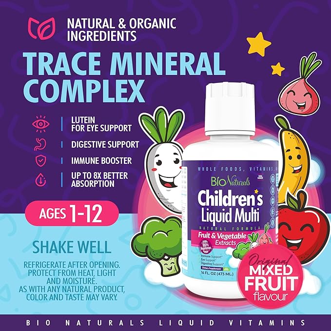 Bio Naturals Children's Liquid Multivitamin &amp Immune Booster - Natural Supplement for Kids &amp Toddlers with Vitamins A B C D3 E Fiber Fruits &amp Vegetables - No GMOs Gluten Sugar Dairy