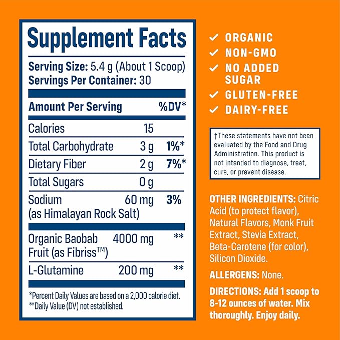 NativePath Organic Baobab Prebiotic Fiber Powder - Digestive Health Supplement - Natural Orange Flavor 30 Servings