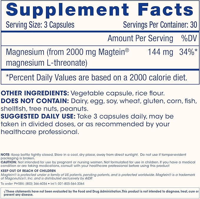 Magnesium L-Threonate Supplement (Magtein) 90 Capsules | Clinically Supported for Brain Health | Optimize Learning Memory &amp Focus | 3rd Party Tested (3 Pack)