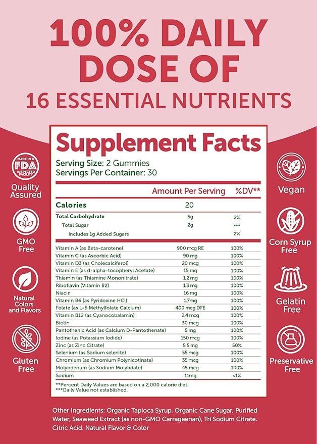 Lunakai USA Made Womens Multivitamin Gummies - Delicious Daily Dose with 16 Multi Vitamins for Women - Energy &amp Immune Support Non-GMO - 3 Pack