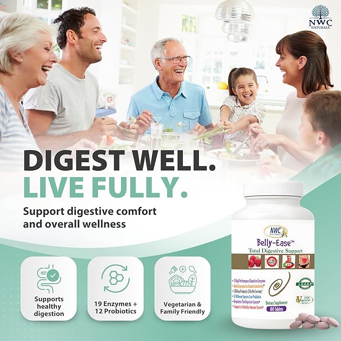 NWC Naturals Belly-Ease Healthy Digestive Enzymes Plus Prebiotics &amp Probiotics Essential Enzymes Vegetarian Better Digestion Full Spectrum Digestive Solution - 180 Count Chewable Tablets
