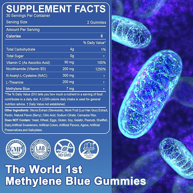 LILICARE Methylene Blue Gummies for Humans Brain Supplement with NAC VIT B3 &amp L-Theanine Brain &amp Mitochondrial Support Enhances Energy Focus and Cognitive Clarity Sugar Free 120 Ct