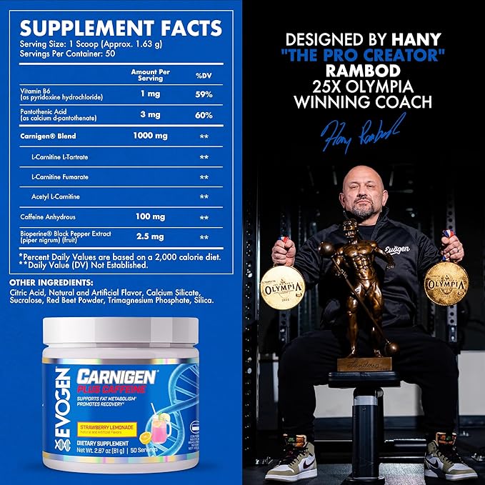 Evogen Carnigen Plus Caffeine - Premium Carnitine Powder | Supports Fat Metabolism &amp Promotes Recovery | L Carnitine Supplement with Caffeine &amp Acetyl L-Carnitine | Strawberry Lemonade | 50 Se