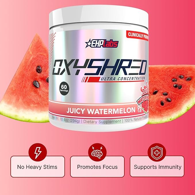 EHP Labs OxyShred Pre Workout Powder - Preworkout Powder with L Glutamine &amp Acetyl L Carnitine Energy Boost Drink - Juicy Watermelon 60 Servings