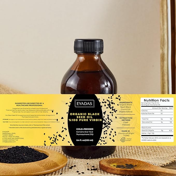 Organic Black Seed Oil 8.4 Fl Oz – 100% Turkish Cold-Pressed Nigella Sativa with 3X Thymoquinone – Pure Cumin Extract in Amber Glass Bottle for Immune Hair Skin &amp Overall Wellness
