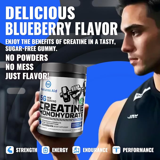 Natures Aid Creatine Monohydrate Gummies (5g) – Pre-Workout Energy &amp Muscle Growth Support for Men &amp Women | Blueberry Electrolyte Gummies (135 Count)