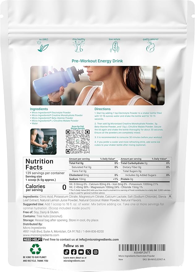 Micro Ingredients Electrolyte Powder 2 lbs (139 Servings) | Lemon Raspberry Flavor | High Potassium (1000mg) + Coconut Water &amp Real Lemon Juice | No Sugar Keto Friendly | Non-GMO