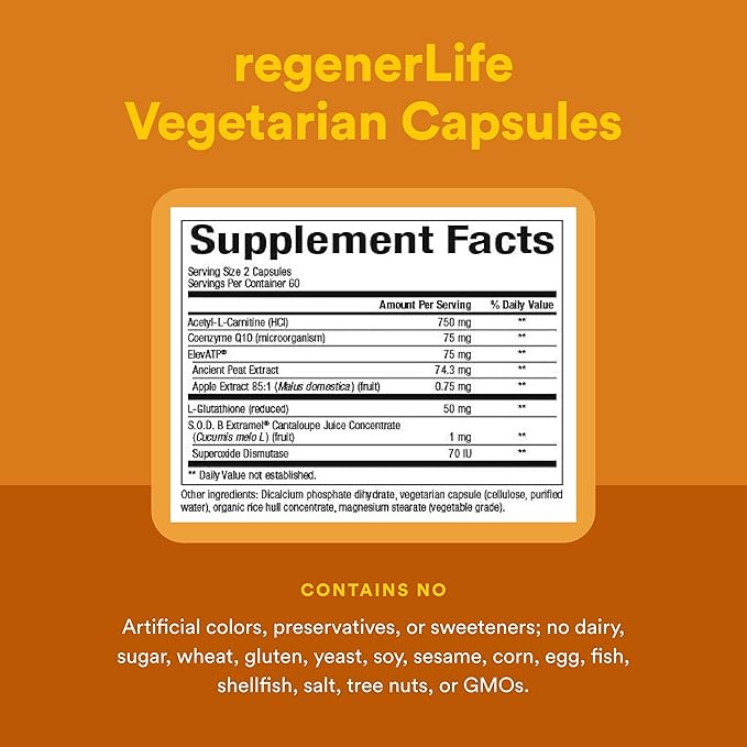 Natural Factors RegenerLife Capsules - Supports Cellular Energy &amp Combats Fatigue* - Mitochondria Support with Antioxidants - Non-GMO - 120 Capsules