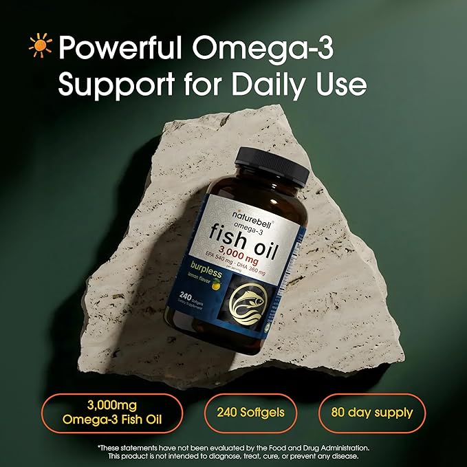NatureBell Omega-3 Fish Oil 3000mg - 240 Softgels - Support for Joint Brain &amp Heart Health* - with EPA &amp DHA - No Burps or Fishy Aftertaste - Non-GMO &amp Mercury-Free Formula - Lemon Flavo