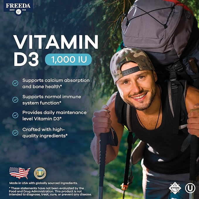FREEDA Pure Vitamin D3 1000 IU – Daily Maintenance Dose – Bone Health Joint Muscle &amp Immune Support – Vit D3 Vitamin D Supplement for Women &amp Men – 25 mcg 1000 IU Easy-to-Swallow (500 Tiny
