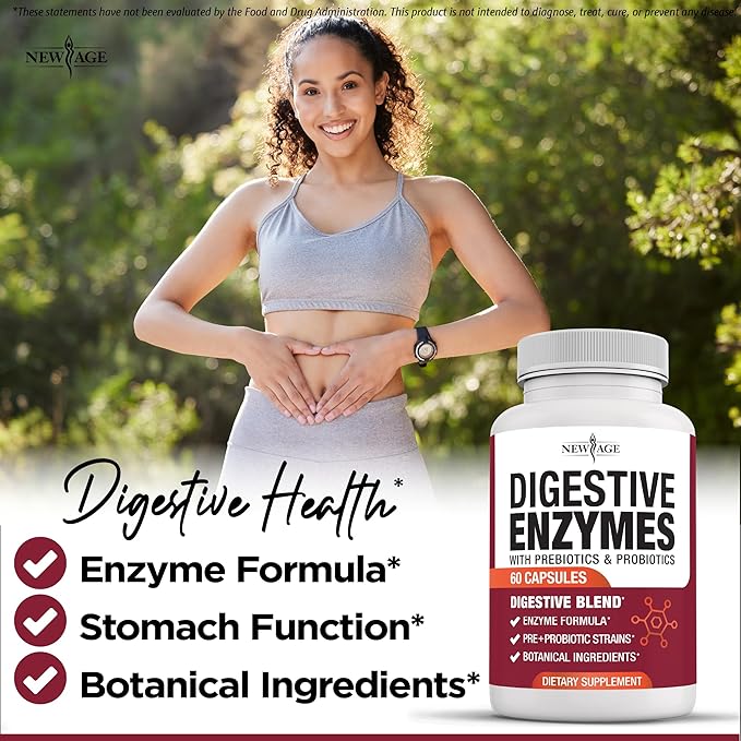 NEW AGE Digestive Enzymes for Gut Health - Probiotic Multi Enzymes with Prebiotics and Probiotics with Lipase for Women and Men for Digestive Health Daily Enzymes for Digestion - 180 Count