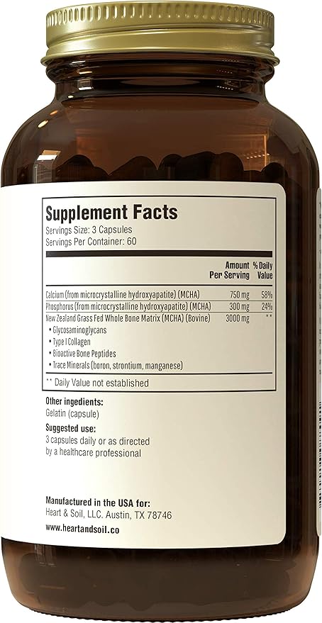 Heart &amp Soil Grass Fed Bone Matrix — Supports Bone and Joint Health Strength and Flexibility (180 Capsules)