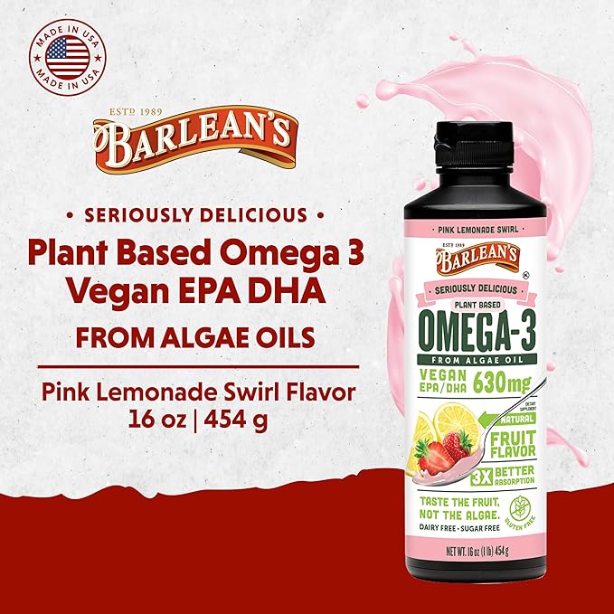 Barlean's Pink Lemonade Vegan Omega 3 Supplement Liquid Algae Oil with 630 mg EPA &amp DHA Plant Based Omegas from Algal Oil Non-GMO &amp Gluten Free 16 oz