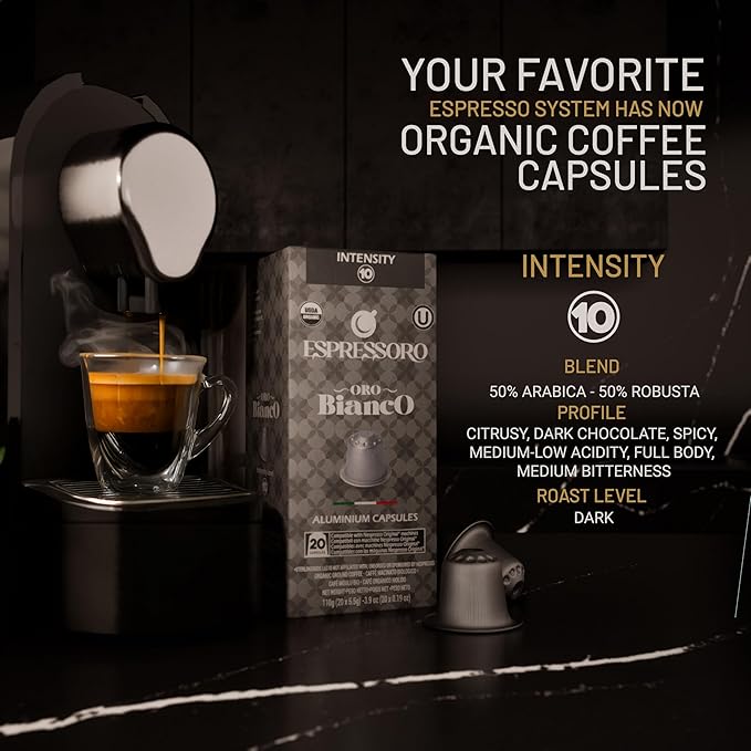 ESPRESSORO 100 USDA Organic Espresso Pods - BIANCO Aluminum Capsule Compatible with Nespresso Original Lines Machines. Intensity 10 Premium Italian Expresso Coffee Capsules