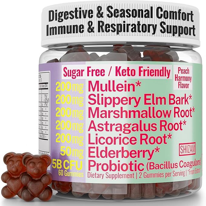 SHIZAM Slippery Elm Mullein Leaf Marshmallow Root Licorice Root Astragalus Root Elderberry &amp Probiotic Bacillus Coagulans Gummies – Sugar-Free Keto-Friendly Vegan - Gymnema Sylvestre