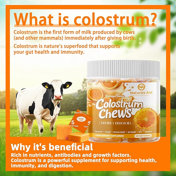 Colostrum Chews Supplement with probiotics for Gut Health Bloating Immune Support Skin Hair Growth and Beauty - Orange Flavor (60 Servings)
