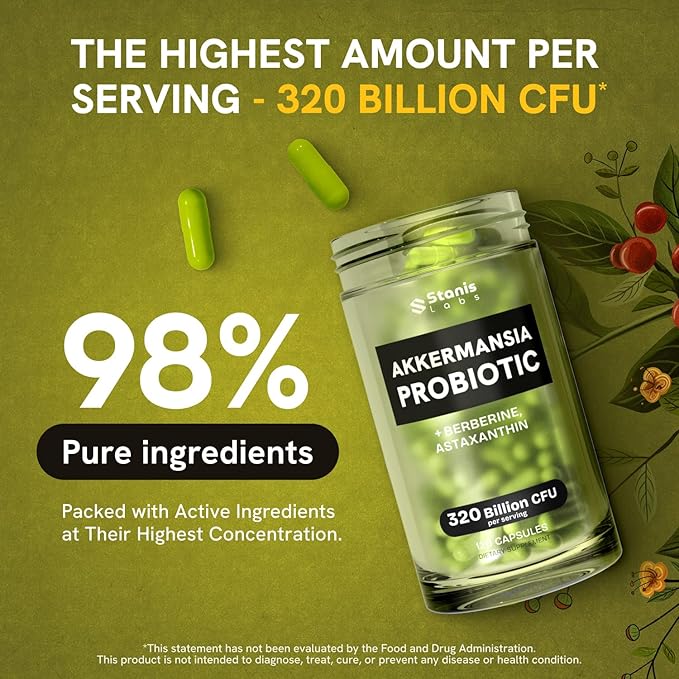 Akkermansia Muciniphila Probiotics 320 Billion CFU| Probiotic and Prebiotic | Akkermansia Probiotics for gut health | Inulin Prebiotic Fiber Capsules Astaxanthin &amp Berberine &amp Chromium 480 cap