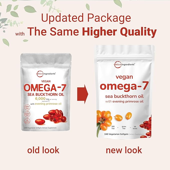 Vegan Omega-7 Sea Buckthorn Oil 240 Vegetarian Softgels | 2-in-1 with Evening Primrose Oil | Plant Based Botanical Oil Blend | Non-GMO Gluten &amp Carrageenan Free