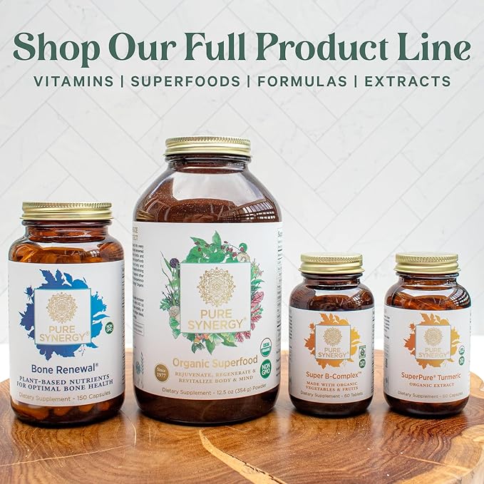 PURE SYNERGY Super B-Complex | Vitamin B Complex Made with Organic Whole Foods | Vegan Supplement with Natural Vitamin B12 Niacin and Folate | for Energy Focus and Mood Support (60 Tablets)