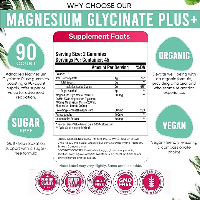Adndale 180 CT Magnesium Glycinate Gummies 400 mg/Serv with Ashwagandha Magnesium Malate &amp Taurate Sugar Free Chews for Adults &amp Kids