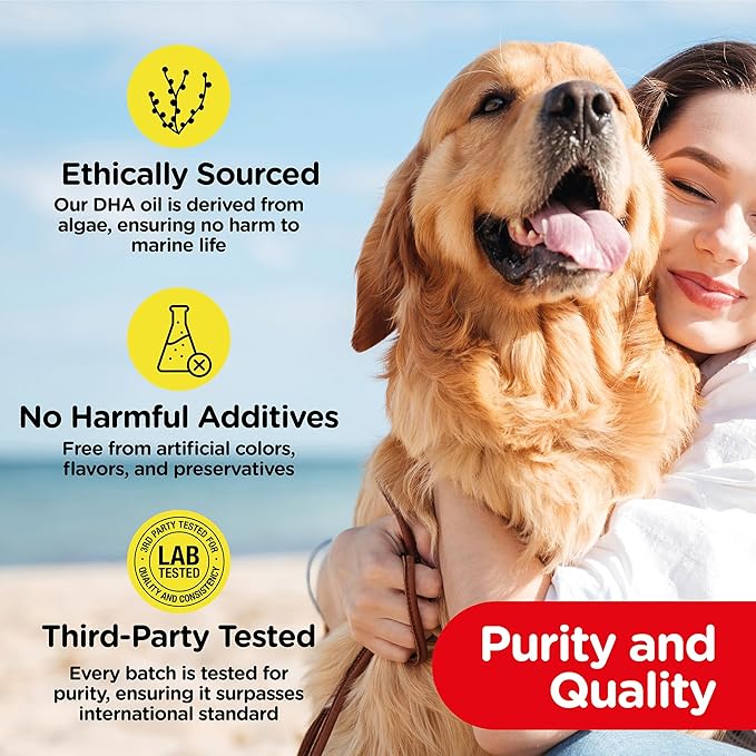PetJesty Pure Omega 3 Oil for Dogs &amp Cats 26.39oz - Omega 3 Skin &amp Coat Support- Liquid Food Supplement for Pets - Vegan pet + DHA for Joint Function Immune &amp Heart Health Non Fish Oil D