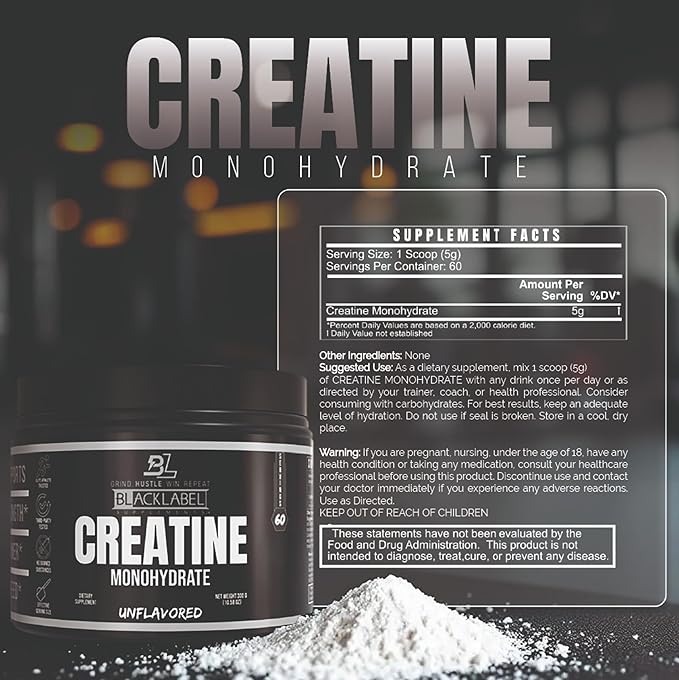 BLACKLABEL Supplements Creatine Monohydrate Powder 60 Servings – Unflavored Creatine Powder for Muscle Gain and Strength Support – Daily Creatine Supplement for Men and Women 5g per Serving