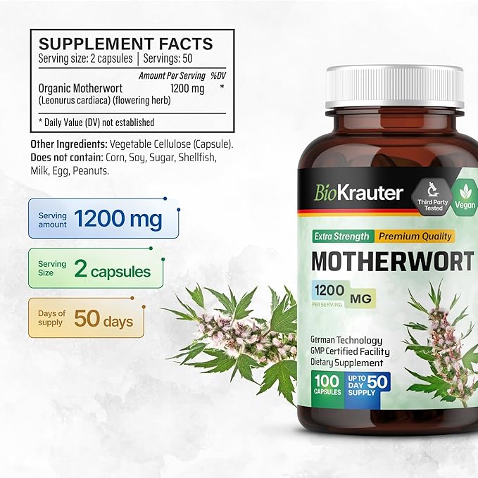 BIO KRAUTER® Perimenopause &amp Menopause Supplements for Women* - Vegan Motherwort Capsules 1200 mg/Serving 50-Day Supply for Natural Calm &amp Women's Wellness - No Fillers Non-GMO - 100 Calm Cap