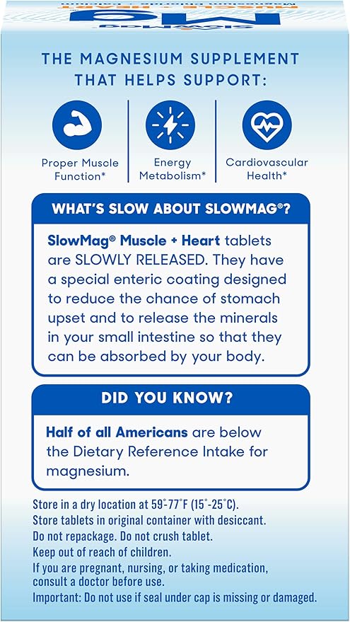 SlowMag Mg Muscle + Heart Supports Muscle Relaxation and Heart Health. Magnesium Chloride + Calcium Slow-Release Tablets Easy to Absorb and Gentle on the Stomach. 60 Count (Pack of 2)