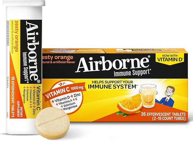 Vitamin C 1000mg (per serving) - Airborne Zesty Orange Effervescent Tablets (36 count in a box) Gluten-Free Immune Support Supplement With Vitamins A C E ZINC Selenium Echinacea &amp Ginger