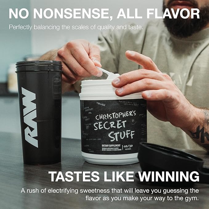 RAW Christopher's Secret Stuff Pre Workout Powder Thavage (Tastes Like Winning) - Chris Bumstead CBUM Preworkout Supplement for Men &amp Women - Working Out Hydration &amp Energy - 40 Servings