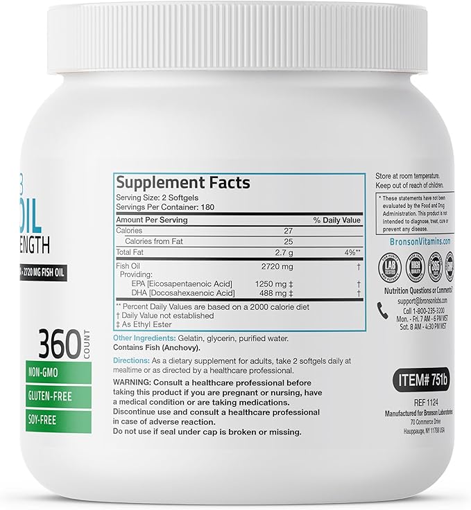 Bronson Omega 3 Fish Oil Triple Strength 2720 mg High EPA 1250 mg DHA 488 mg Non-GMO Heavy Metal Tested 360 Softgels