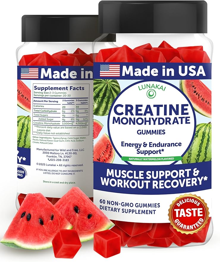 Lunakai USA Made Creatine Monohydrate Gummies for Women &amp Men – Vegan Creatine Gummies for Muscle &amp Recovery Support – Pre Workout Supplement 60ct