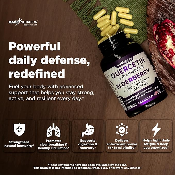 Gade Nutrition Quercetin with Bromelain &amp Elderberry | Quercetin with Vitamin C and Zinc | Zinc Quercetin 500mg with Vitamin D3 | Daily Immune Support Supplement - 2 Months Supply