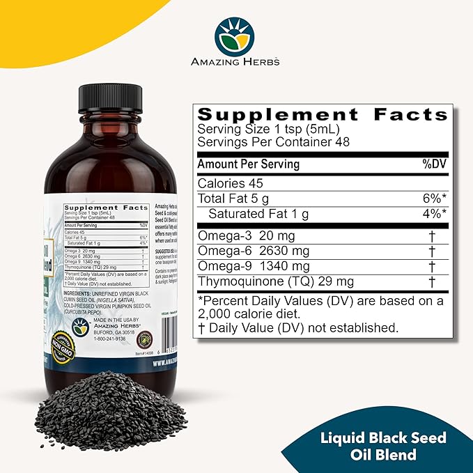 Amazing Herbs Black Seed and Pumpkin Seed Cold-Pressed Oil Blend - Gluten-Free No Preservatives High in Omega 3 6 &amp 9 Improves Immune Respones &amp Promotes Digestive Health - 8 Fl Oz