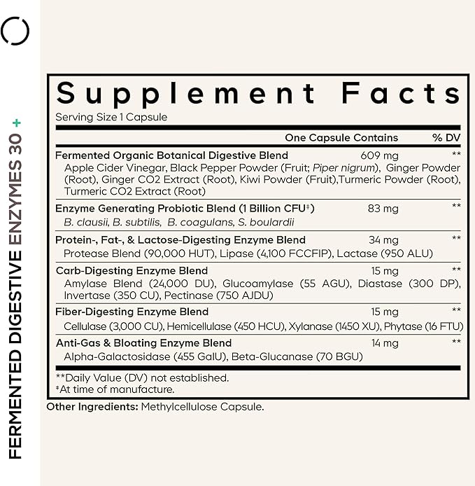 Codeage Fermented Digestive Enzymes Supplement - 14 Digestive Enzymes Probiotics Prebiotics Fermented Botanicals Plant-Based Multi Pancreatic Enzymes - 1 Capsule a Day - 30 Capsules