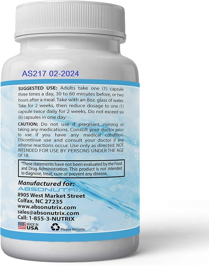 Absonutrix Serrapeptase 250000 Units serratiopeptidase antioxidant 60 Vegetable Capsules Made in USA