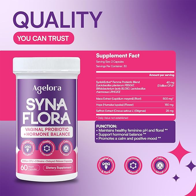SynaFlora Vaginal Probiotics for Women | Hormone Balance with Maca Root Saffron &amp Hops | pH Balance &amp Mood Support | NSF Certified | GMP Made in USA | 60 Vegan Capsules