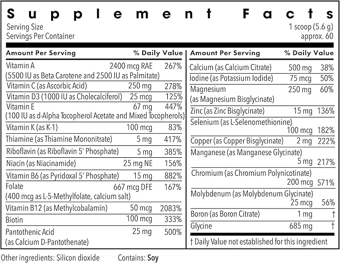 Metabolic Maintenance Vitamin Mineral Base Powder - Iron Free Multivitamin with Active B Vitamins + Chelated Minerals (340 Grams 60 Servings)