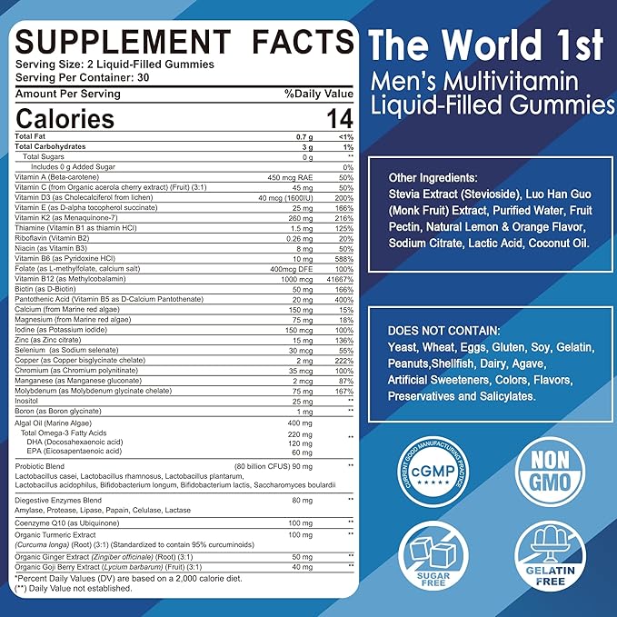 Mens Multivitamins Gummies Methylated Multivitamin for Men B Complex Minerals Vegan Omega 3 Probiotic Enzyme Antioxidants for Men's Complete Daily Support Sugar Free Vegan (No Iron) 60 Counts