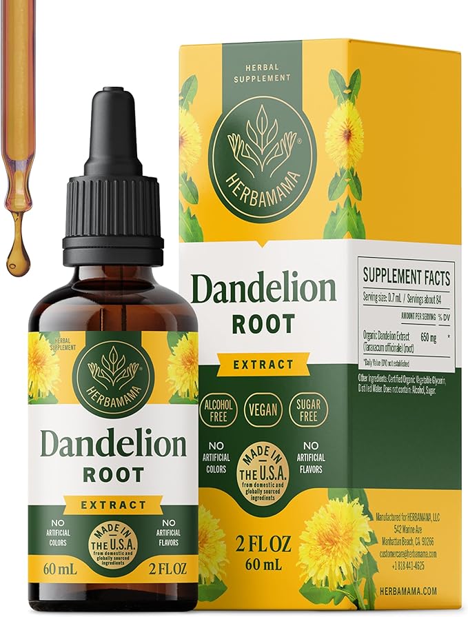 HERBAMAMA Dandelion Root Extract for Liver Detox – Lymphatic Drainage Drops – Dandelion Root Supplement – Non-GMO Alcohol &amp Sugar-Free Liver Support Supplement - 28-Day Supply