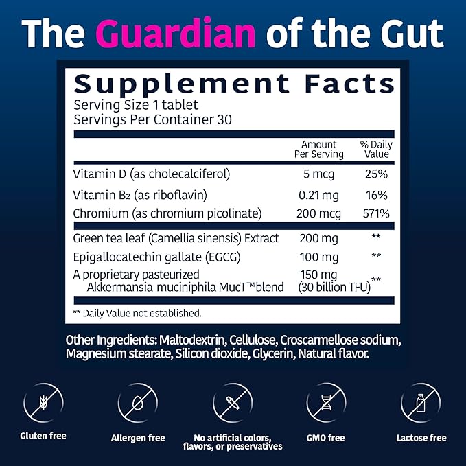 Akkermansia Company Healthy Weight - Akkermansia Probiotic Akkermansia Muciniphila GLP-1 Metabolic Vitamins GLP-1 Supplement for Gut Health Chromium Green Tea Leaf - 30 Tablets (Pack of 1)