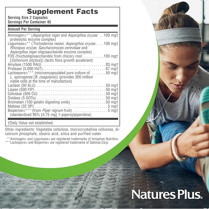 NaturesPlus Acti-Zyme - 90 Capsules - Digestive Enzyme Support Supplement with Probiotics - Promotes Gut Health &amp Digestion - Gluten Free Vegetarian - 45 Servings