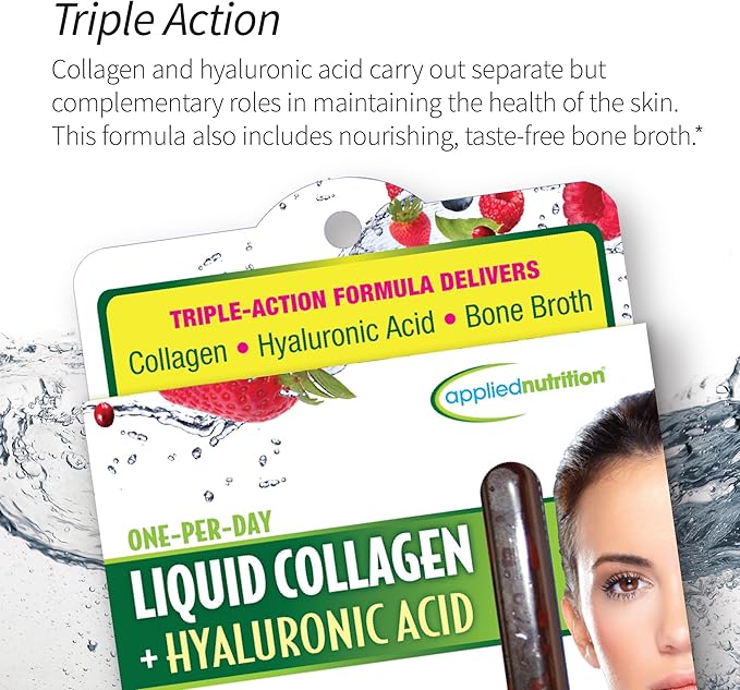 Applied Nutrition Liquid Collagen + Hyaluronic Acid - 10 Liquid Tubes Pack of 3 - Skin &amp Nail Restoration - Mixed Berry Flavor - 30 Servings