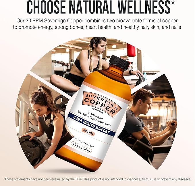 Sovereign Copper Pro-Strength Bio-Active Copper Hydrosol - Bioavailable Liquid Supplement for Adults &amp Kids w/ Silver Hydrosol for Hair Skin &amp Nails 30ppm - 4 fl oz (118mL)