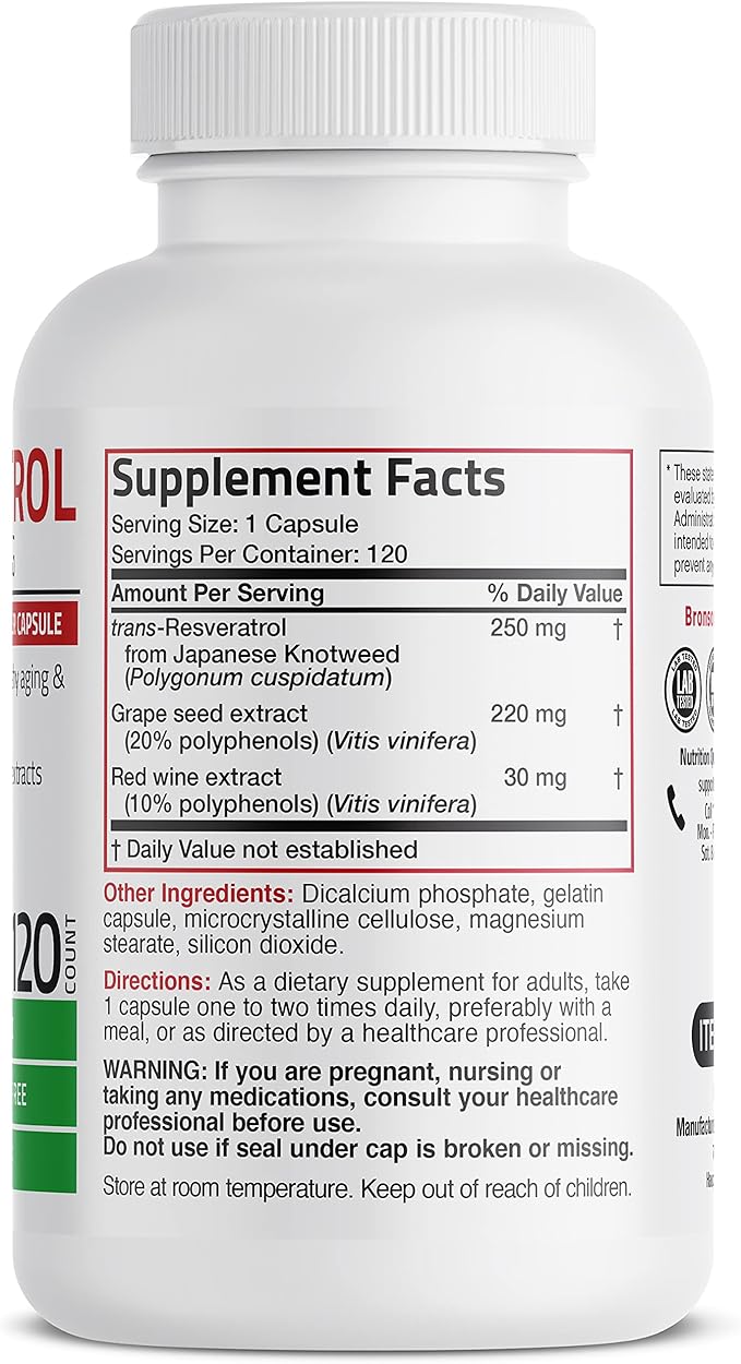 Bronson Resveratrol 500 Complex Standardized Trans-Resveratrol + Grape Seed &amp Red Wine Extract 120 Capsules