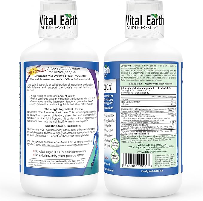 Vital Earth Liquid Joint Support Supplement 2-Pack – Glucosamine Chondroitin MSM Plus Hyaluronic Acid Boswellia &amp Fulvic Acid (70+ Trace Minerals) 32 Oz Ea